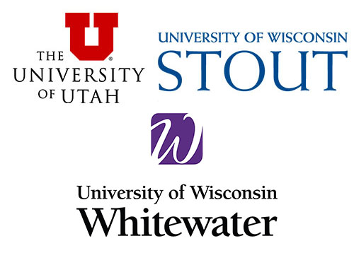 Logos for the University of Utah, University of Wisconsin - Stout and University of Wisconsin Whitewater